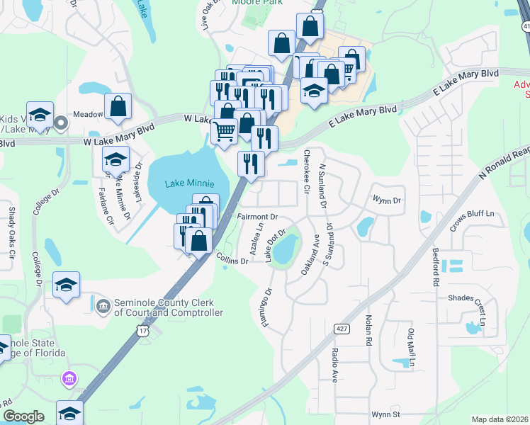 map of restaurants, bars, coffee shops, grocery stores, and more near 210 Fairmont Drive in Sanford
