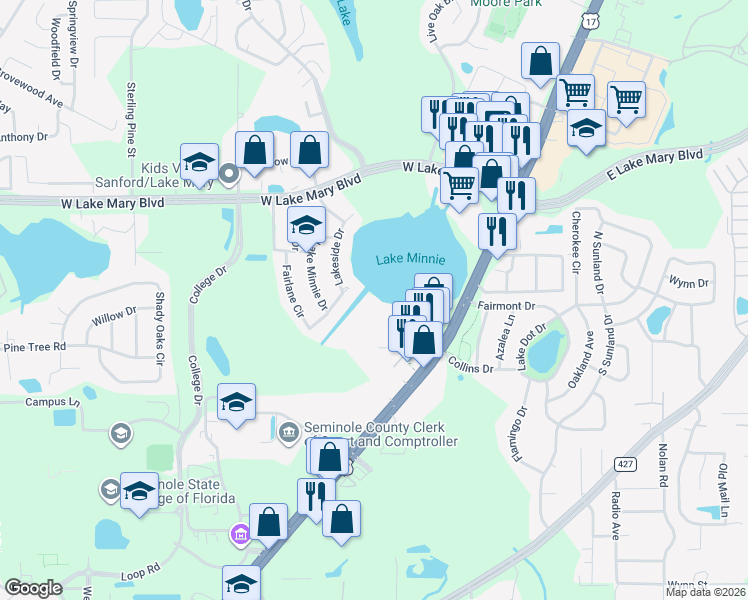 map of restaurants, bars, coffee shops, grocery stores, and more near 25307 Northlake Drive in Sanford