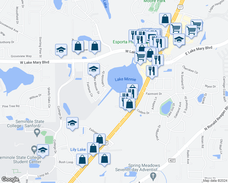 map of restaurants, bars, coffee shops, grocery stores, and more near 25206 Northlake Drive in Sanford