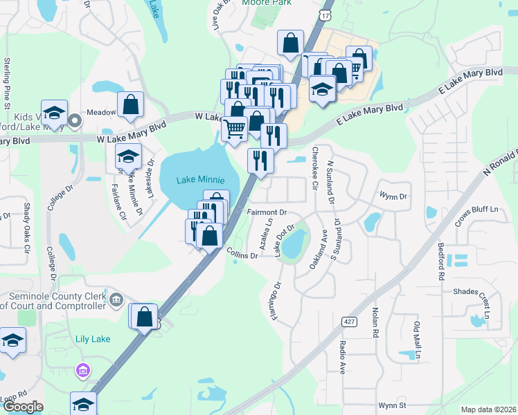 map of restaurants, bars, coffee shops, grocery stores, and more near 201 Fairmont Drive in Sanford