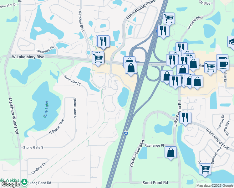 map of restaurants, bars, coffee shops, grocery stores, and more near 173 Villa Di Este Terrace in Lake Mary
