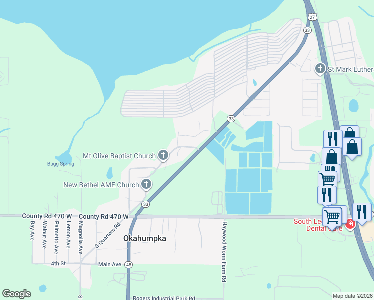 map of restaurants, bars, coffee shops, grocery stores, and more near 3810 North Quarters Road in Okahumpka