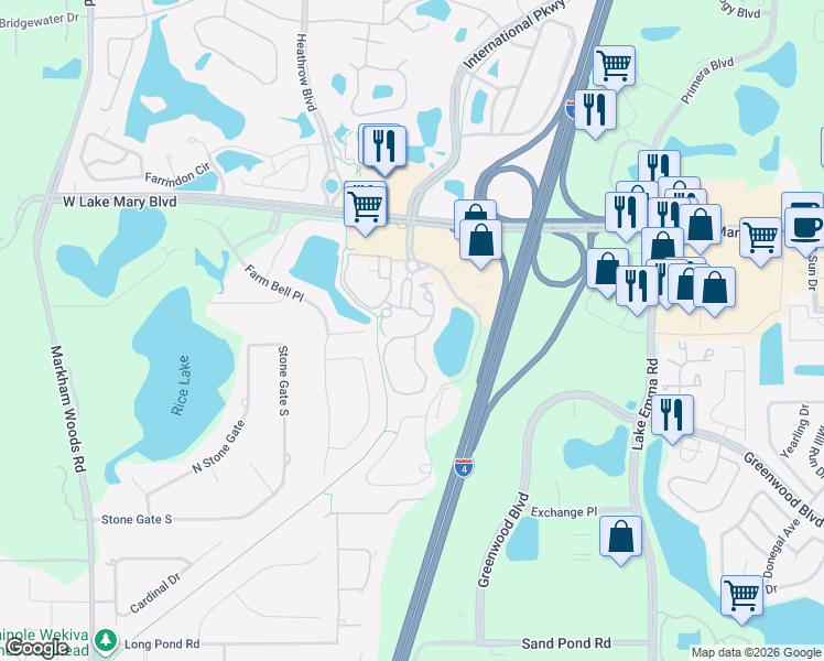 map of restaurants, bars, coffee shops, grocery stores, and more near 168 Villa Di Este Terrace in Lake Mary