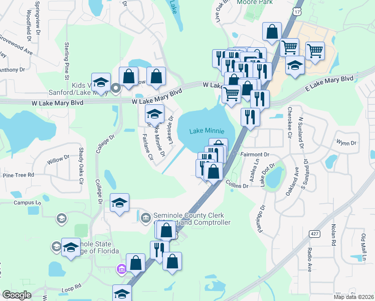 map of restaurants, bars, coffee shops, grocery stores, and more near 25305 Northlake Drive in Sanford