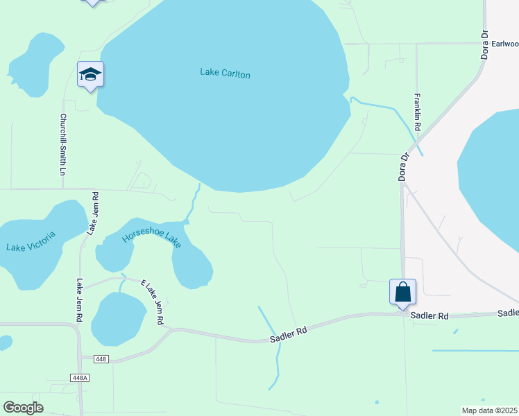 map of restaurants, bars, coffee shops, grocery stores, and more near 8925 Sadler Road in Mount Dora