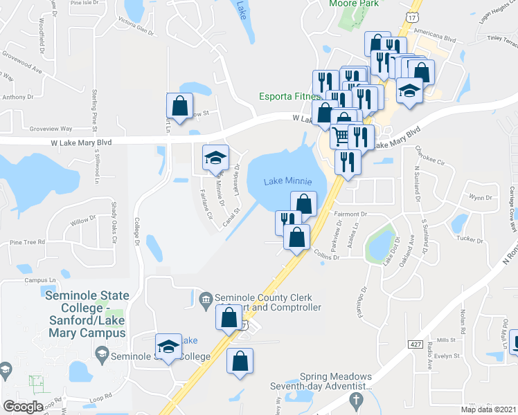 map of restaurants, bars, coffee shops, grocery stores, and more near 25202 Northlake Drive in Sanford