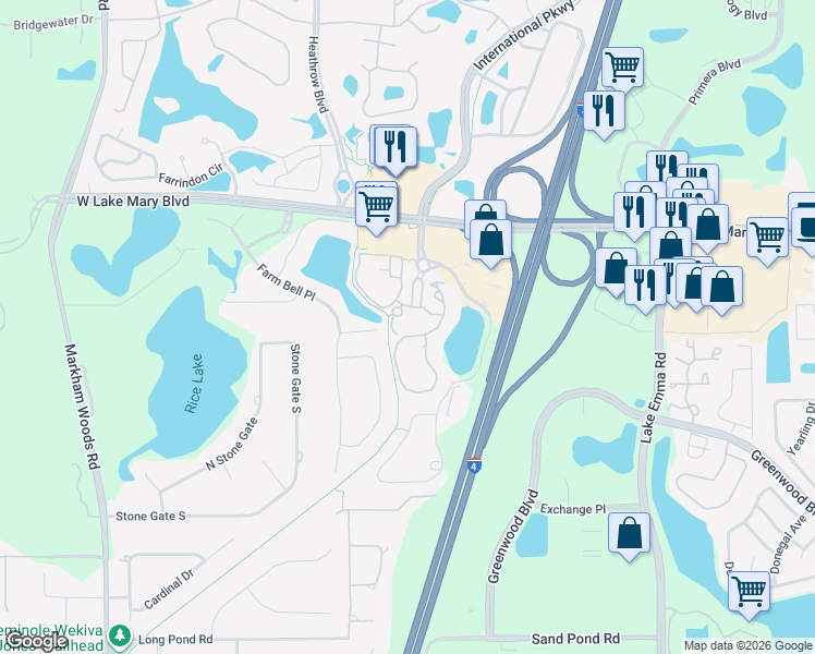 map of restaurants, bars, coffee shops, grocery stores, and more near 1311 Villa Prima Way in Lake Mary