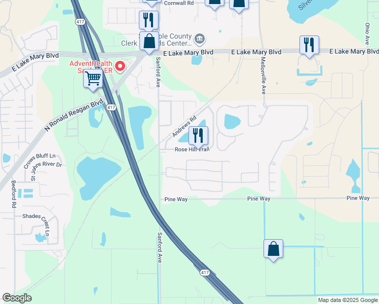 map of restaurants, bars, coffee shops, grocery stores, and more near 125 Rose Hill Trail in Sanford