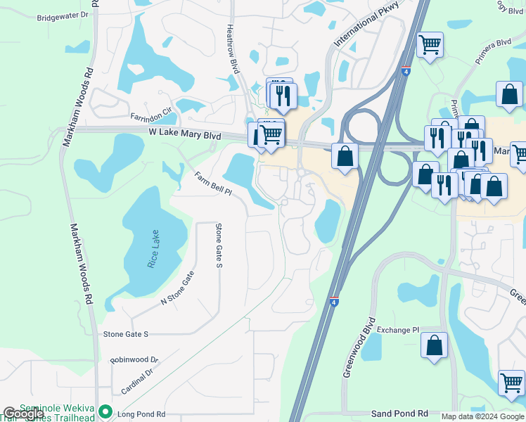 map of restaurants, bars, coffee shops, grocery stores, and more near 1408 Oil Lamp Cove in Lake Mary