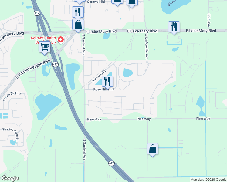 map of restaurants, bars, coffee shops, grocery stores, and more near 145 Rose Hill Trail in Sanford