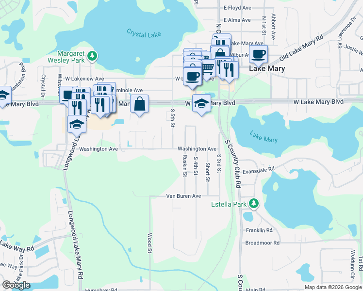 map of restaurants, bars, coffee shops, grocery stores, and more near 189 South 5th Street in Lake Mary