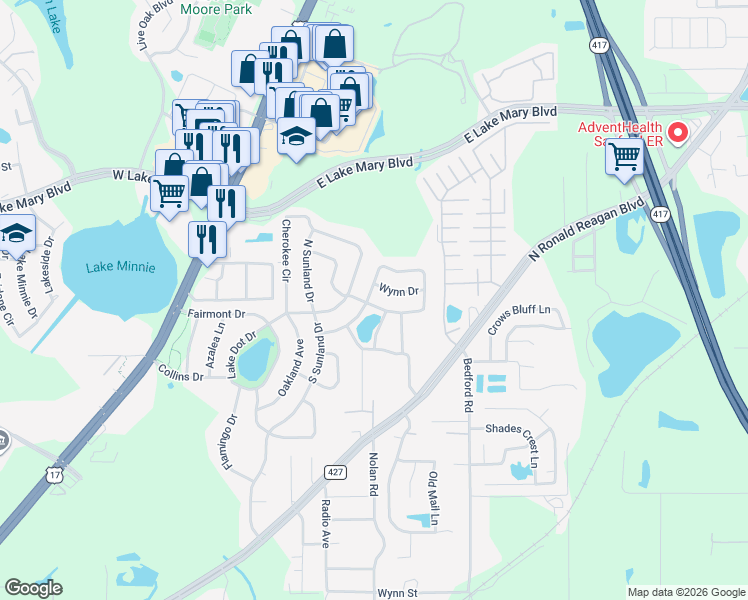 map of restaurants, bars, coffee shops, grocery stores, and more near 701 Baywood Circle in Sanford
