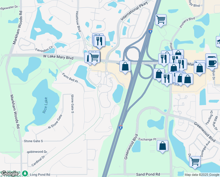 map of restaurants, bars, coffee shops, grocery stores, and more near 150 Villa Di Este Terrace in Lake Mary