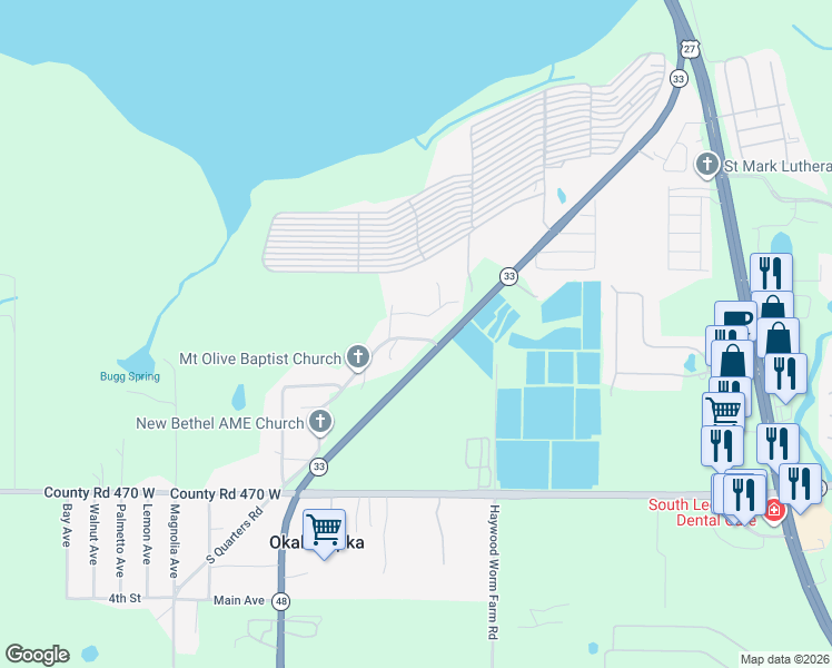 map of restaurants, bars, coffee shops, grocery stores, and more near 3828 Thistlewood Way in Okahumpka