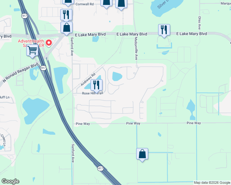 map of restaurants, bars, coffee shops, grocery stores, and more near 2420 Little Gem Loop in Sanford