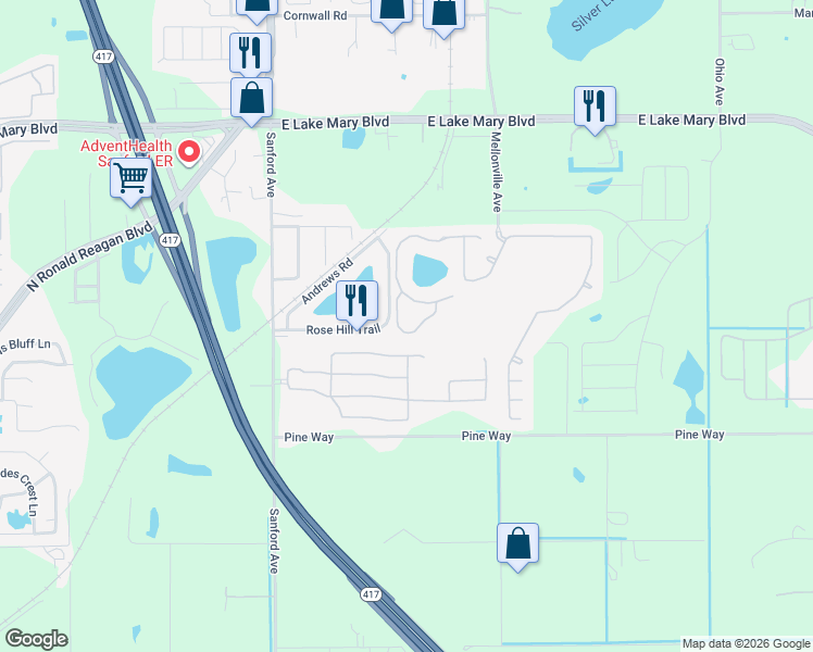 map of restaurants, bars, coffee shops, grocery stores, and more near 1631 Little Gem Loop in Sanford