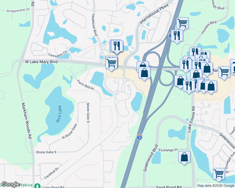 map of restaurants, bars, coffee shops, grocery stores, and more near 1319 Rotonda Point in Lake Mary