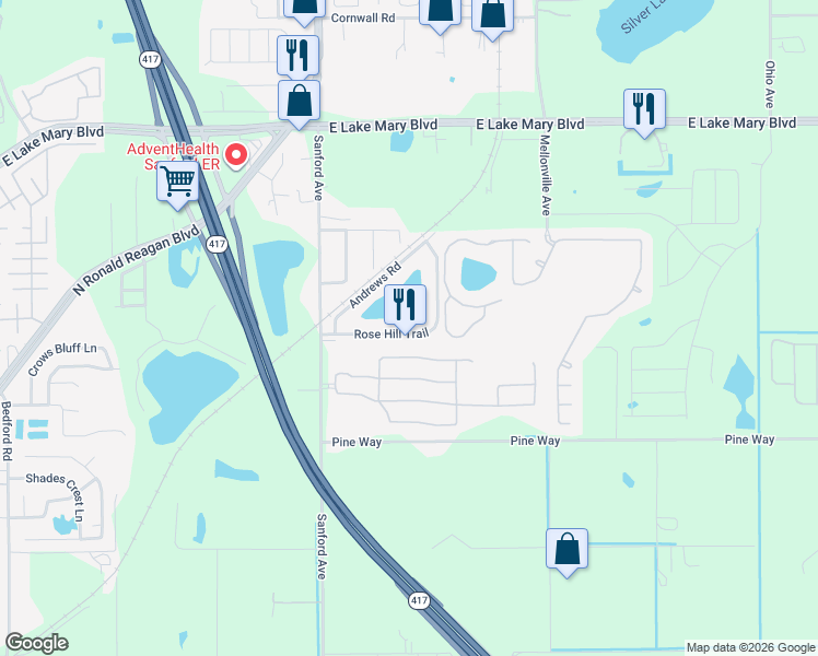 map of restaurants, bars, coffee shops, grocery stores, and more near 136 Rose Hill Trail in Sanford