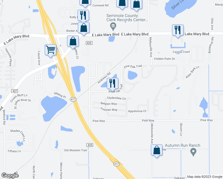 map of restaurants, bars, coffee shops, grocery stores, and more near 132 Rose Hill Trail in Sanford