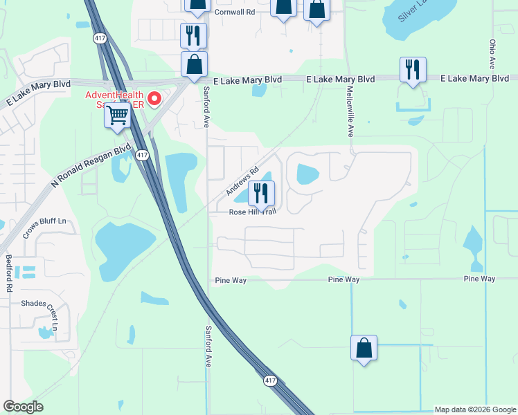 map of restaurants, bars, coffee shops, grocery stores, and more near 136 Rose Hill Trail in Sanford