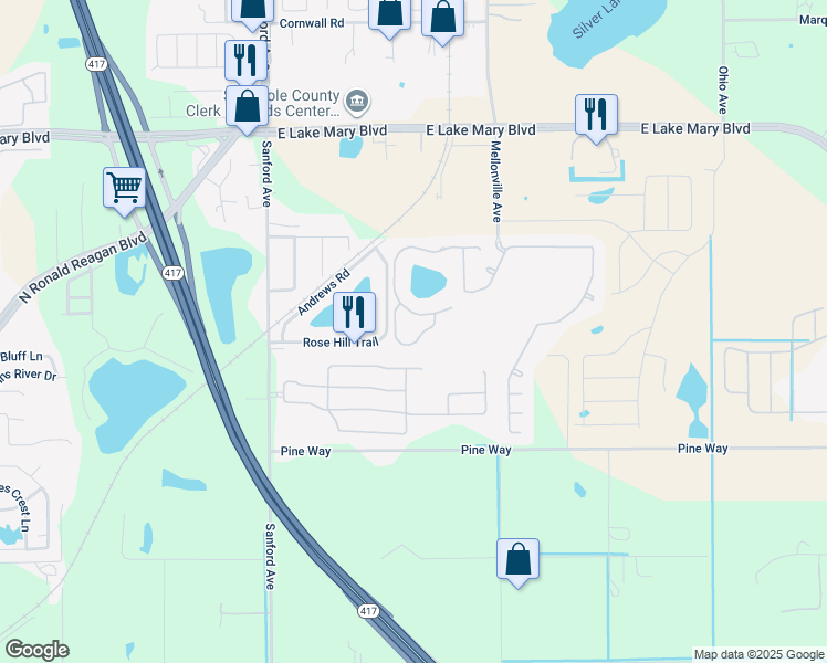 map of restaurants, bars, coffee shops, grocery stores, and more near 1831 Little Gem Loop in Sanford