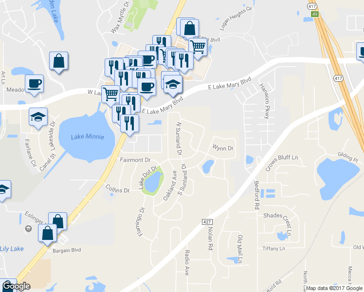 map of restaurants, bars, coffee shops, grocery stores, and more near 107 North Sunland Drive in Sanford