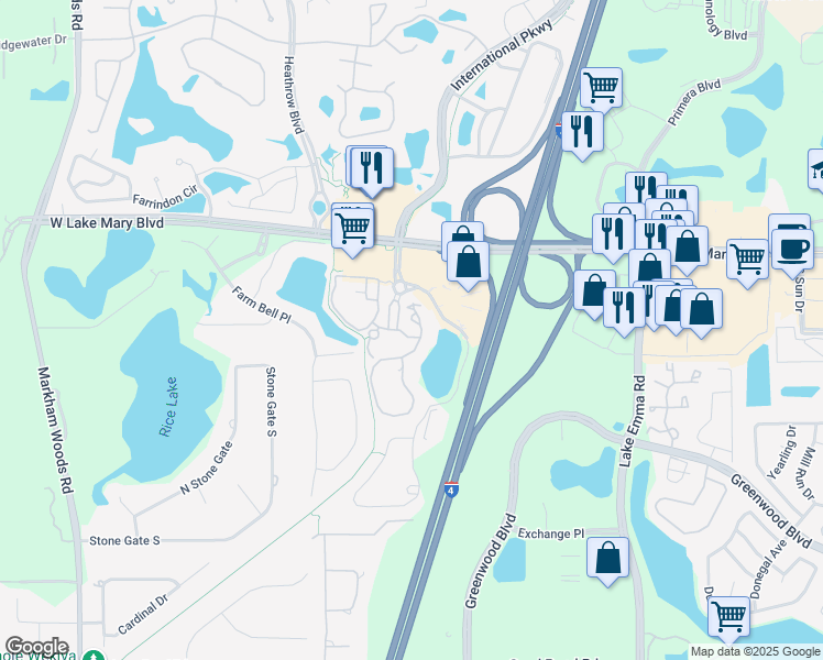 map of restaurants, bars, coffee shops, grocery stores, and more near 150 Villa Di Este Terrace in Lake Mary