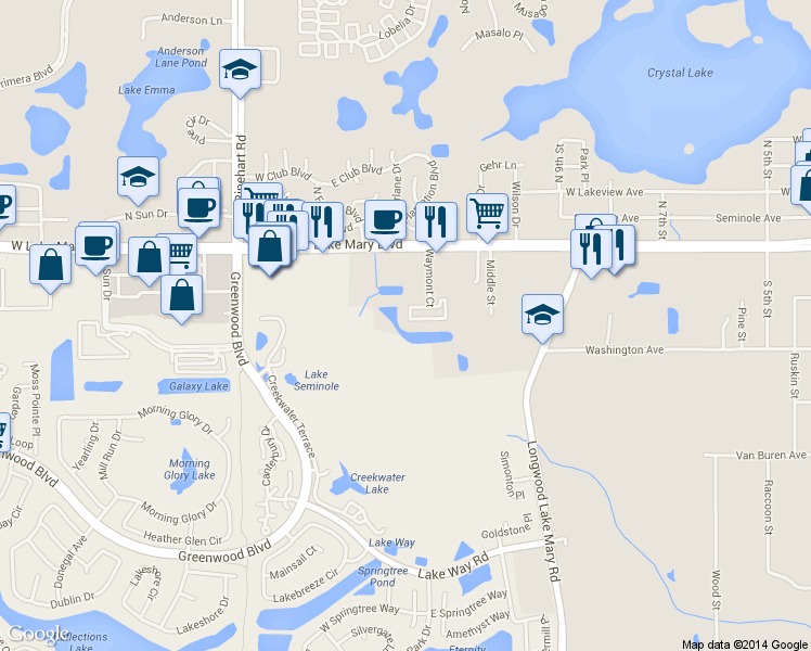 map of restaurants, bars, coffee shops, grocery stores, and more near 350 Waymont Ct in Lake Mary