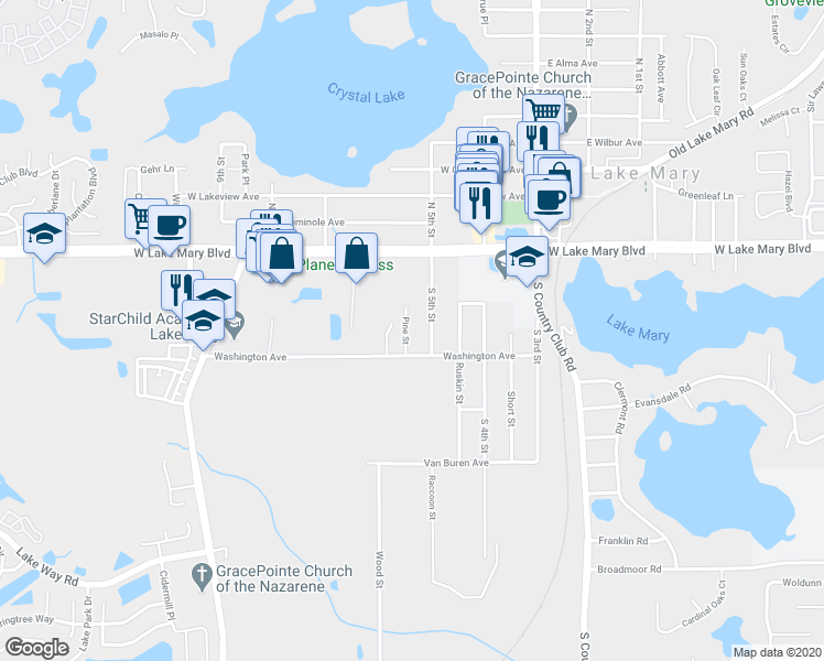 map of restaurants, bars, coffee shops, grocery stores, and more near 177 Pine Street in Lake Mary