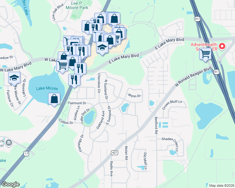 map of restaurants, bars, coffee shops, grocery stores, and more near 702 Cherokee Circle in Sanford