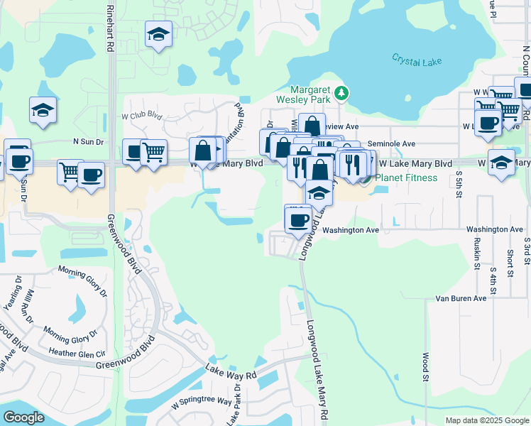 map of restaurants, bars, coffee shops, grocery stores, and more near 165 Middle Street in Lake Mary