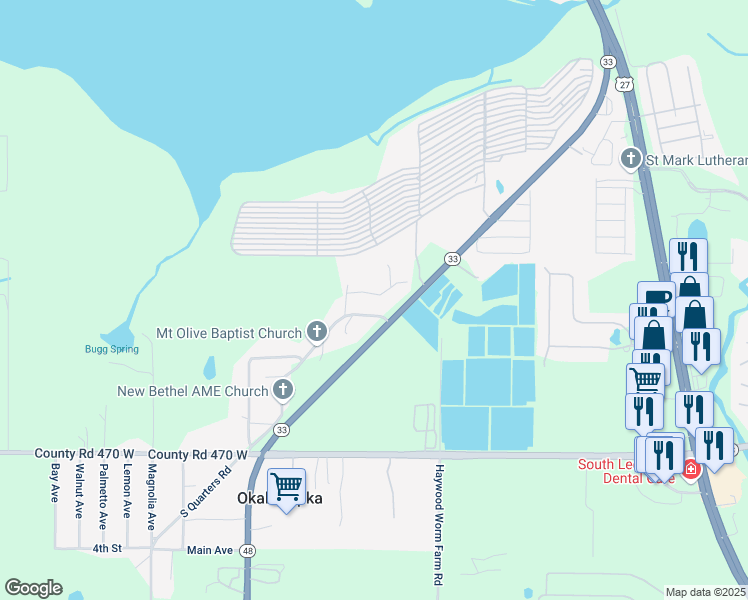 map of restaurants, bars, coffee shops, grocery stores, and more near 3828 Thistlewood Way in Okahumpka