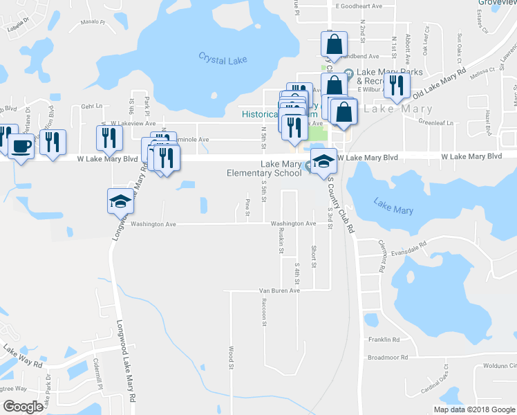 map of restaurants, bars, coffee shops, grocery stores, and more near 186 South 5th Street in Lake Mary