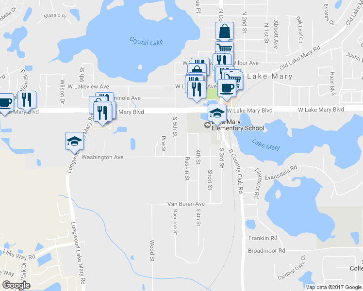 map of restaurants, bars, coffee shops, grocery stores, and more near 189 South 5th Street in Lake Mary