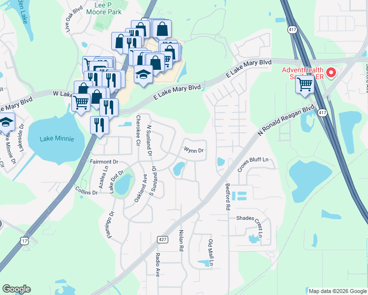 map of restaurants, bars, coffee shops, grocery stores, and more near 701 Baywood Circle in Sanford