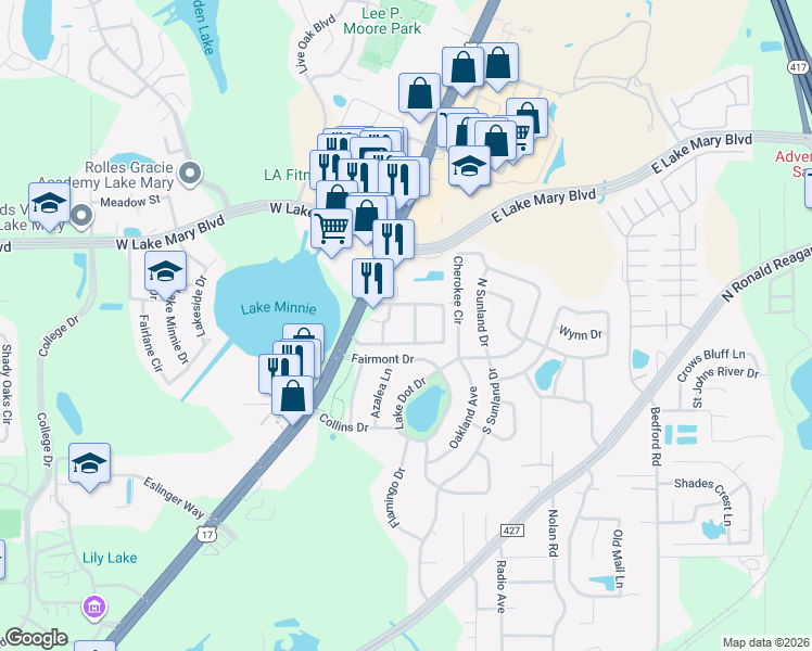 map of restaurants, bars, coffee shops, grocery stores, and more near 5108 Pond Crest Lane in Sanford