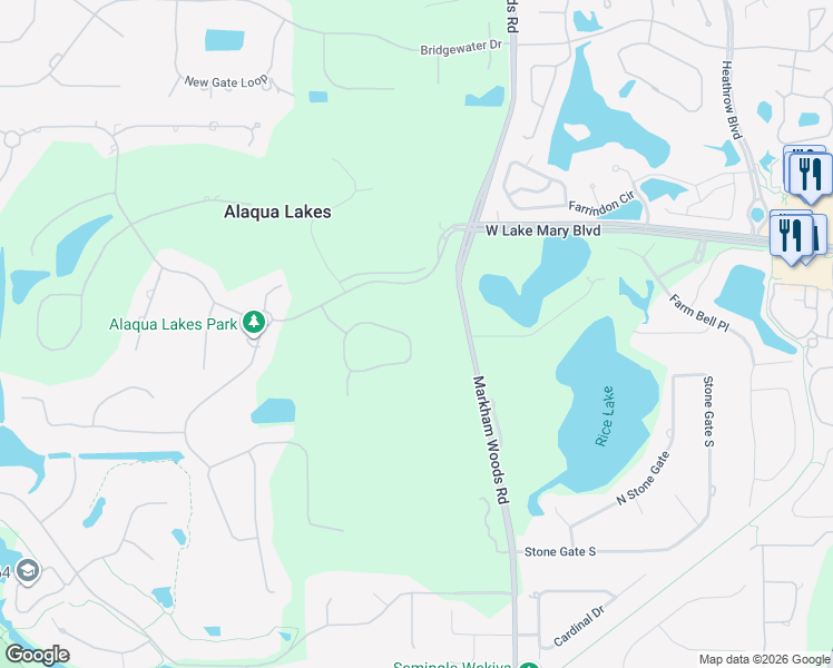 map of restaurants, bars, coffee shops, grocery stores, and more near 3280 Oakmont Terrace in Longwood