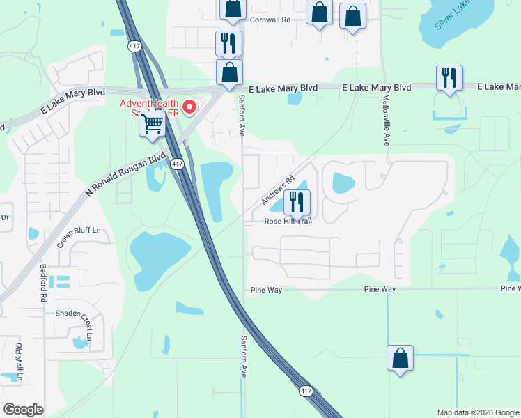 map of restaurants, bars, coffee shops, grocery stores, and more near 105 Andrews Road in Sanford