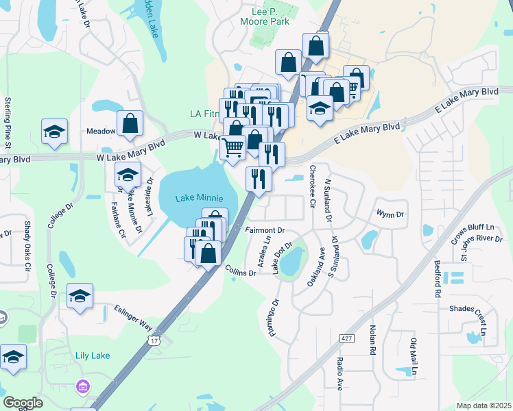 map of restaurants, bars, coffee shops, grocery stores, and more near 1000 Wyndham Peak Court in Sanford