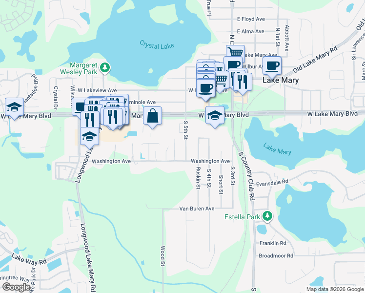 map of restaurants, bars, coffee shops, grocery stores, and more near 177 Pine Street in Lake Mary