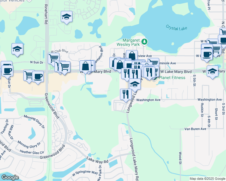 map of restaurants, bars, coffee shops, grocery stores, and more near 150 Middle Street in Lake Mary