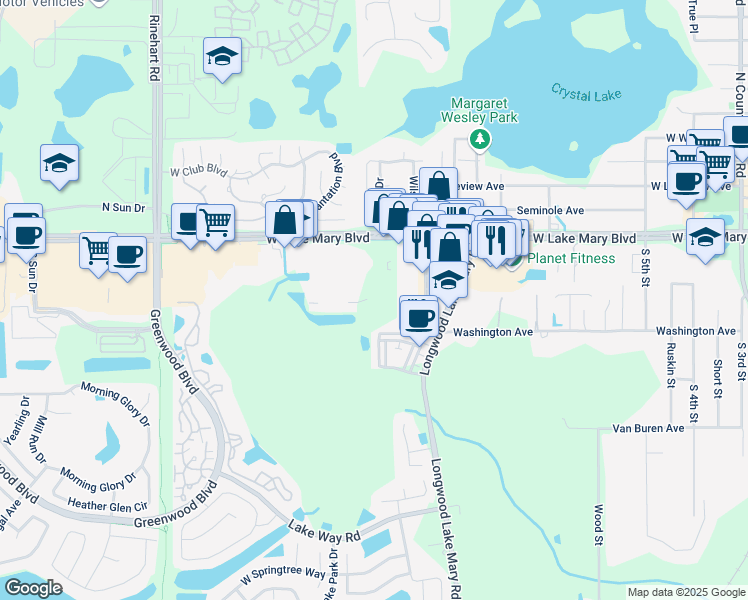 map of restaurants, bars, coffee shops, grocery stores, and more near 150 Middle Street in Lake Mary