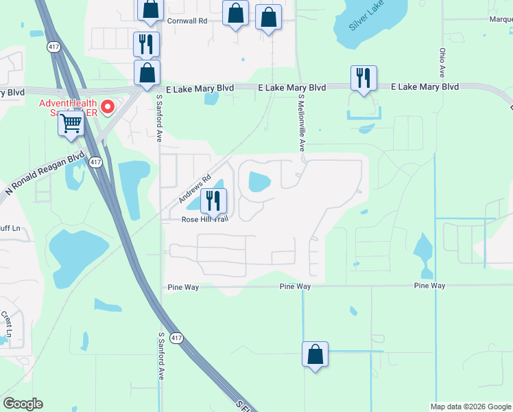 map of restaurants, bars, coffee shops, grocery stores, and more near 2420 Little Gem Loop in Sanford