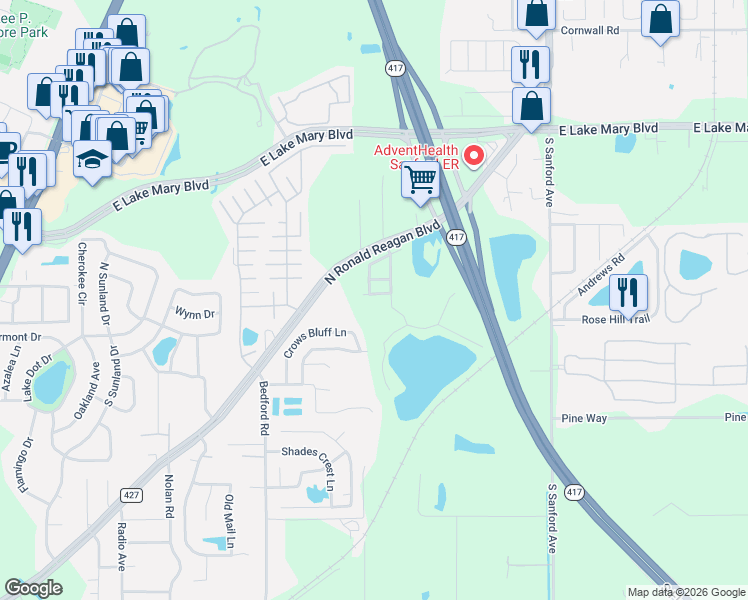 map of restaurants, bars, coffee shops, grocery stores, and more near 3709 Soaring Lane in Sanford