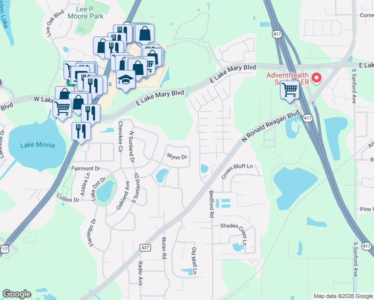 map of restaurants, bars, coffee shops, grocery stores, and more near 715 Wynn Drive in Sanford