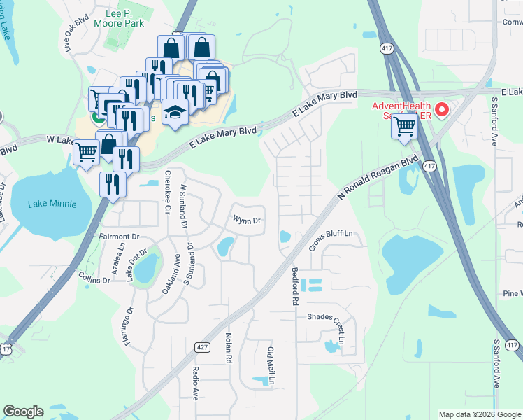 map of restaurants, bars, coffee shops, grocery stores, and more near 715 Wynn Drive in Sanford