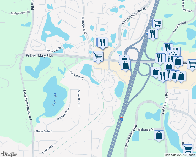 map of restaurants, bars, coffee shops, grocery stores, and more near 1408 Oil Lamp Cove in Lake Mary