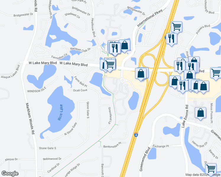 map of restaurants, bars, coffee shops, grocery stores, and more near 1408 Oil Lamp Cove in Lake Mary