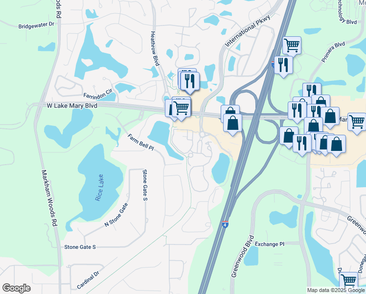 map of restaurants, bars, coffee shops, grocery stores, and more near 114 Vista Verdi Circle in Lake Mary