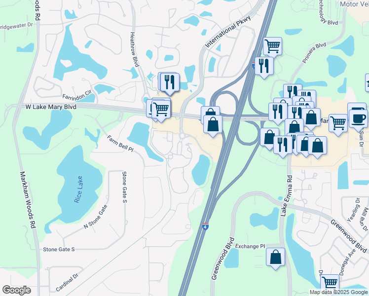 map of restaurants, bars, coffee shops, grocery stores, and more near 150 Villa Di Este Terrace in Lake Mary
